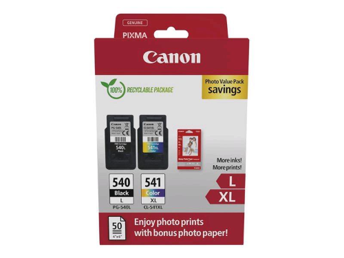 CANON PG540L/CL541XL PHOTO VALUE PACK CONFEZIONE 2 CARTUCCE NERO L COLORE XL CIANO, MAGENTA, GIALLO + 50 FOGLI CARTA FOTOGRAFICA